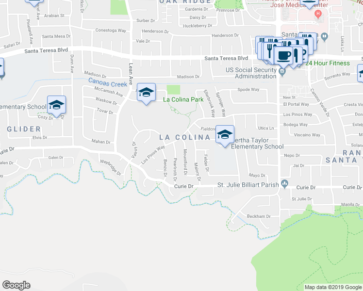 map of restaurants, bars, coffee shops, grocery stores, and more near 6273 Mountford Drive in San Jose