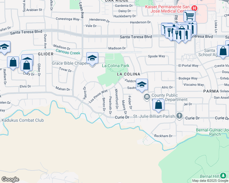 map of restaurants, bars, coffee shops, grocery stores, and more near 6273 Mountford Drive in San Jose