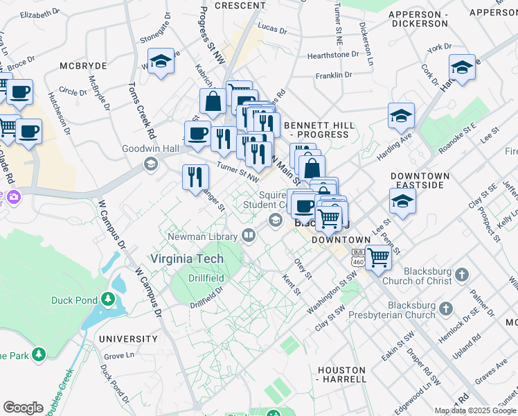map of restaurants, bars, coffee shops, grocery stores, and more near 260 Alumni Mall in Blacksburg