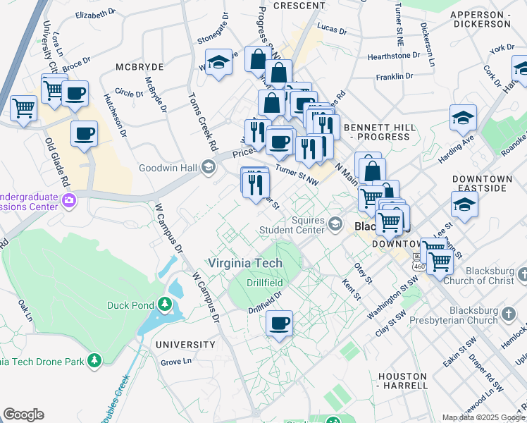 map of restaurants, bars, coffee shops, grocery stores, and more near 355 Old Turner Street in Blacksburg