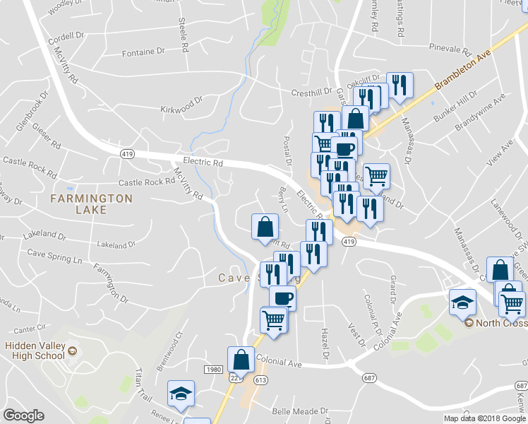 map of restaurants, bars, coffee shops, grocery stores, and more near 3233 Ledgewood Avenue in Cave Spring