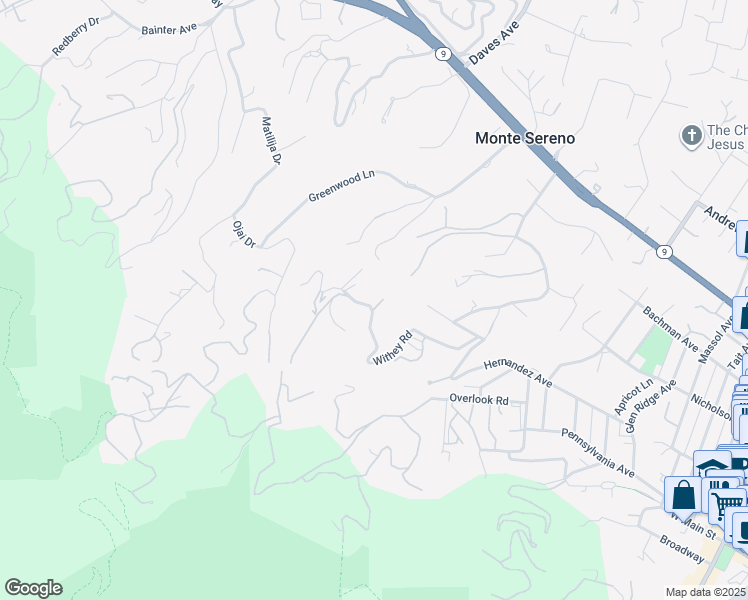 map of restaurants, bars, coffee shops, grocery stores, and more near 18735 Withey Road in Monte Sereno