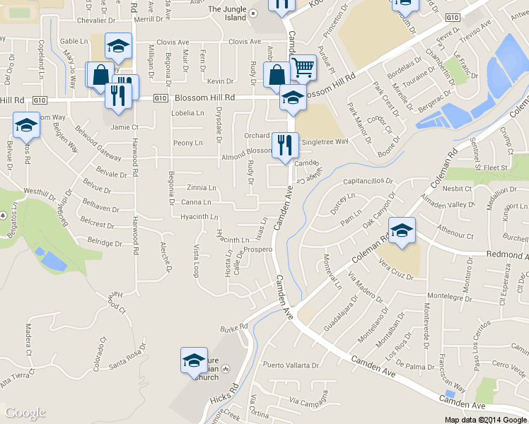 map of restaurants, bars, coffee shops, grocery stores, and more near 5749B Canna Lane in San Jose