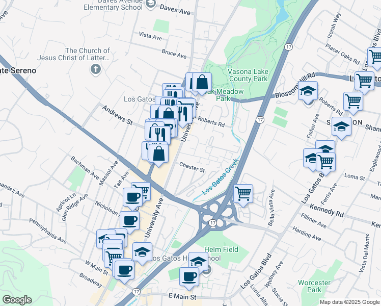 map of restaurants, bars, coffee shops, grocery stores, and more near 219 Avery Lane in Los Gatos