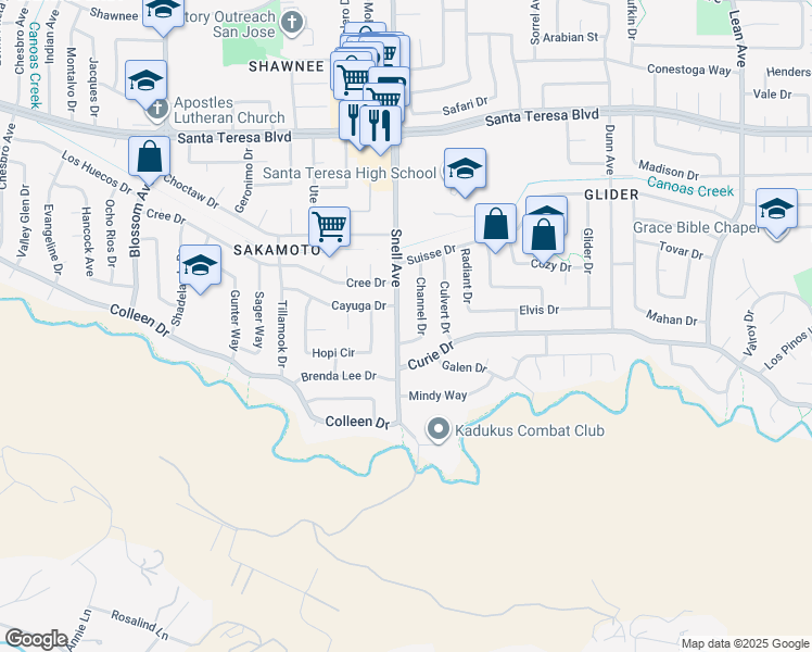map of restaurants, bars, coffee shops, grocery stores, and more near 6298 Snell Avenue in San Jose