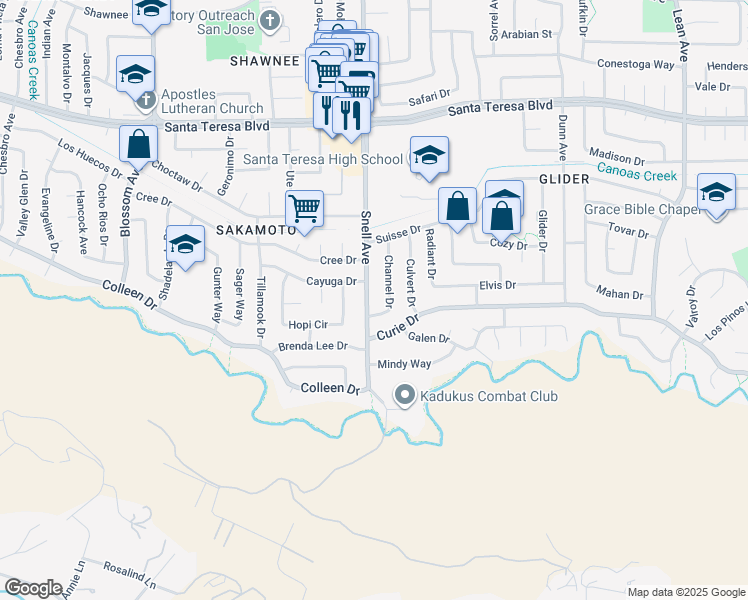 map of restaurants, bars, coffee shops, grocery stores, and more near 6298 Snell Avenue in San Jose