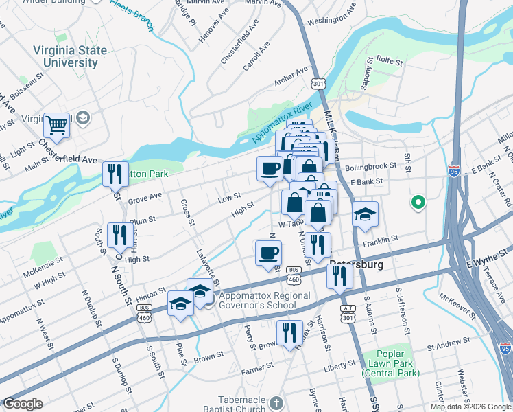 map of restaurants, bars, coffee shops, grocery stores, and more near 302 North Market Street in Petersburg