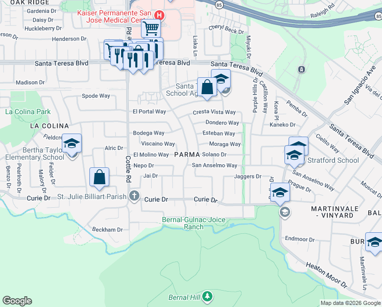 map of restaurants, bars, coffee shops, grocery stores, and more near 6346 Camino Verde Drive in San Jose