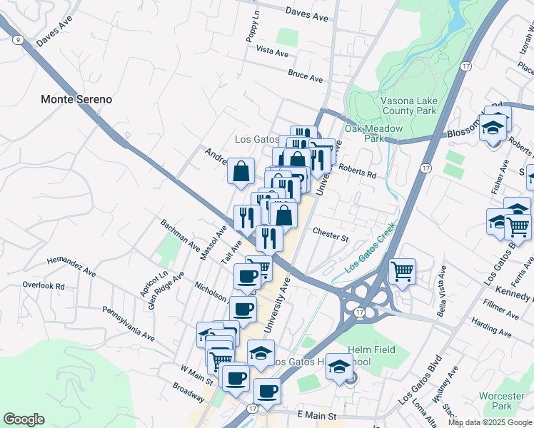 map of restaurants, bars, coffee shops, grocery stores, and more near 440 Monterey Avenue in Los Gatos