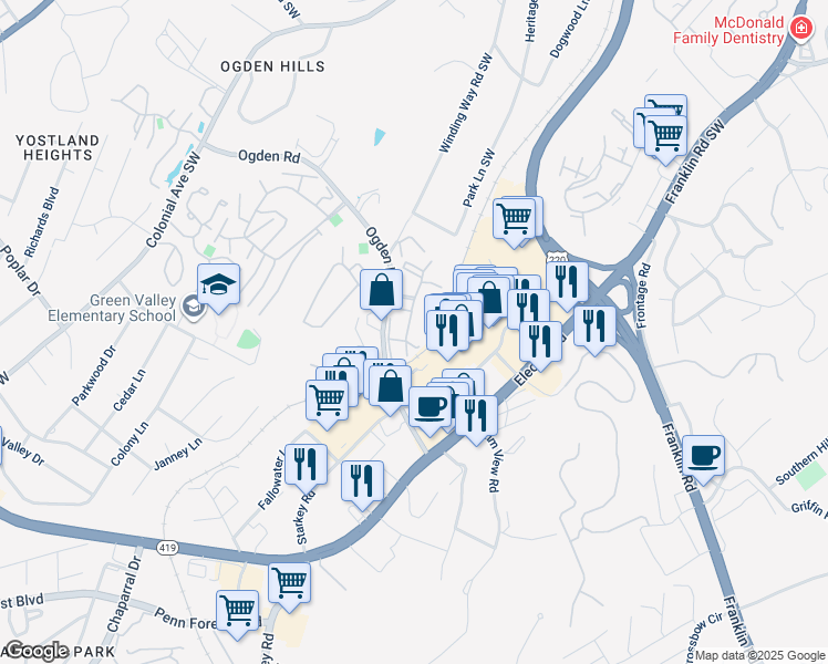 map of restaurants, bars, coffee shops, grocery stores, and more near 440 Windward Drive Southwest in Roanoke