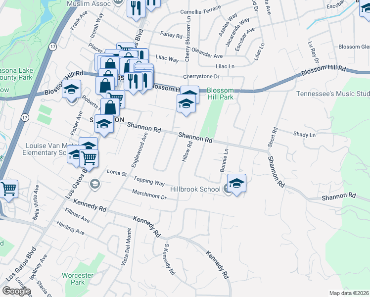 map of restaurants, bars, coffee shops, grocery stores, and more near 16369 Hilow Road in Los Gatos