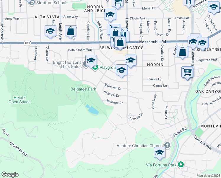 map of restaurants, bars, coffee shops, grocery stores, and more near 132 Belhaven Drive in Los Gatos