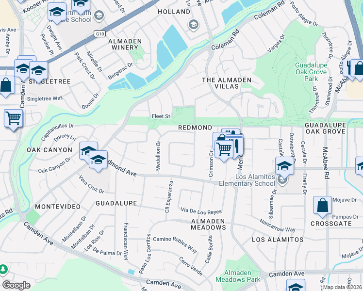 map of restaurants, bars, coffee shops, grocery stores, and more near 1421 Kinsport Lane in San Jose