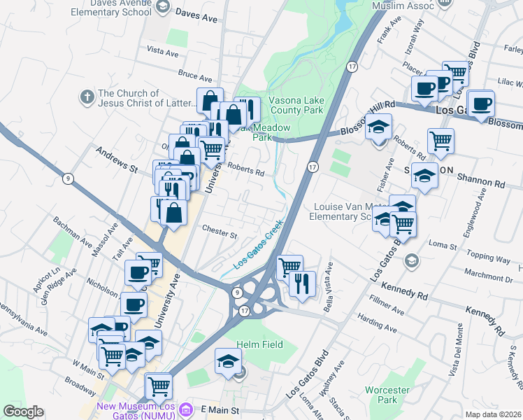 map of restaurants, bars, coffee shops, grocery stores, and more near 135 Riviera Drive in Los Gatos