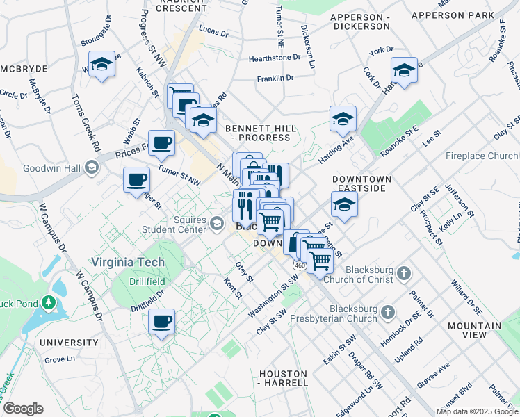 map of restaurants, bars, coffee shops, grocery stores, and more near 120 Wilson Avenue in Blacksburg