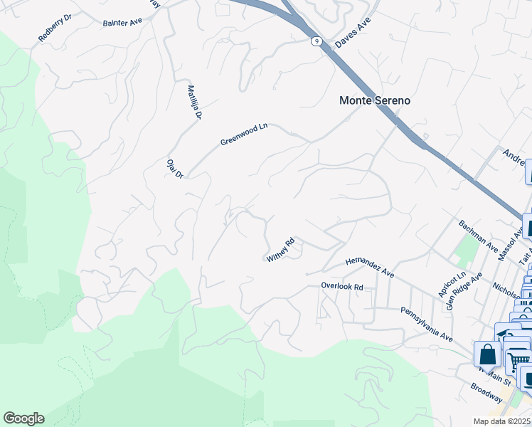 map of restaurants, bars, coffee shops, grocery stores, and more near 18735 Withey Road in Los Gatos