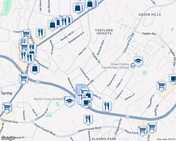 map of restaurants, bars, coffee shops, grocery stores, and more near 3657 Martinell Avenue in Cave Spring