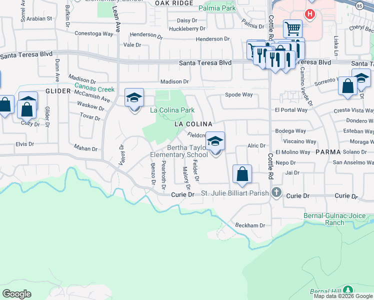 map of restaurants, bars, coffee shops, grocery stores, and more near 448 Sautner Drive in San Jose