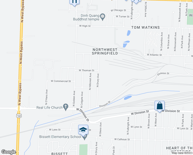 map of restaurants, bars, coffee shops, grocery stores, and more near 1809 North Drury Avenue in Springfield