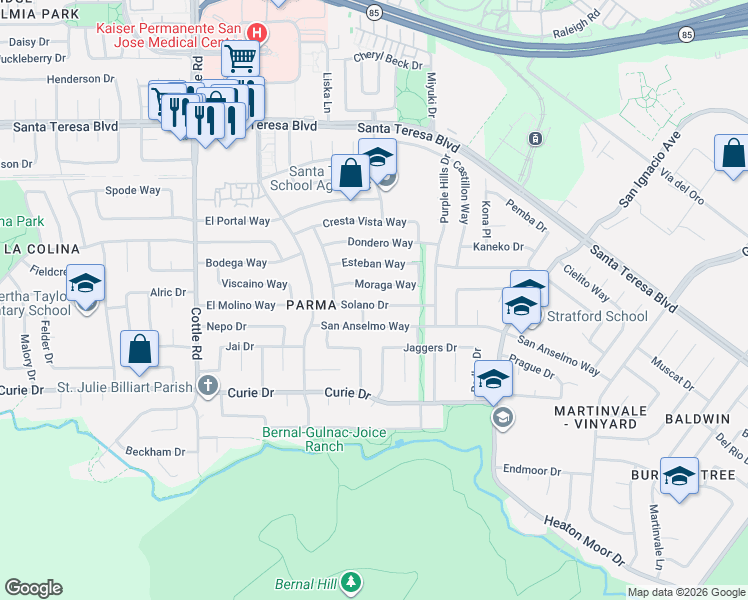 map of restaurants, bars, coffee shops, grocery stores, and more near 277 Moraga Way in San Jose