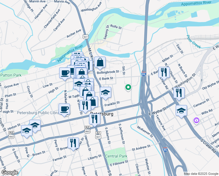 map of restaurants, bars, coffee shops, grocery stores, and more near 8 Centre Hill Court in Petersburg