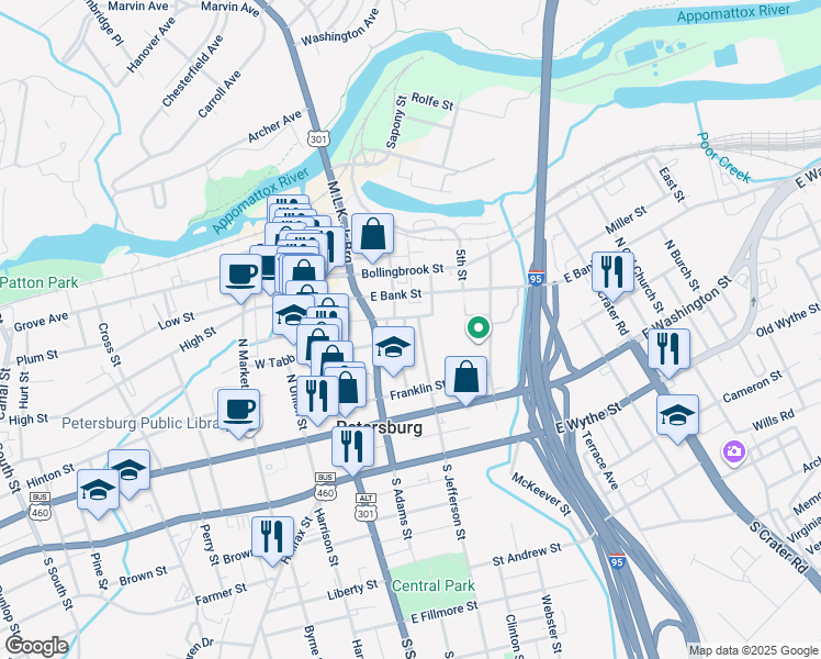 map of restaurants, bars, coffee shops, grocery stores, and more near 8 Centre Hill Court in Petersburg