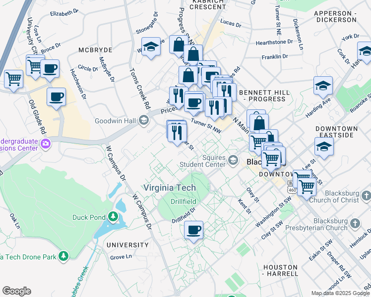 map of restaurants, bars, coffee shops, grocery stores, and more near 445 Old Turner Street in Blacksburg