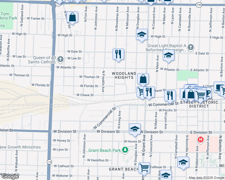 map of restaurants, bars, coffee shops, grocery stores, and more near 1871 North Broadway Avenue in Springfield