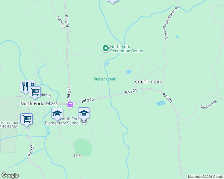 map of restaurants, bars, coffee shops, grocery stores, and more near 57665 Road 225 in North Fork