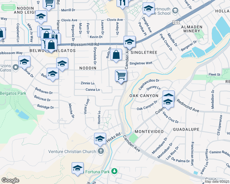 map of restaurants, bars, coffee shops, grocery stores, and more near 5749B Canna Lane in San Jose