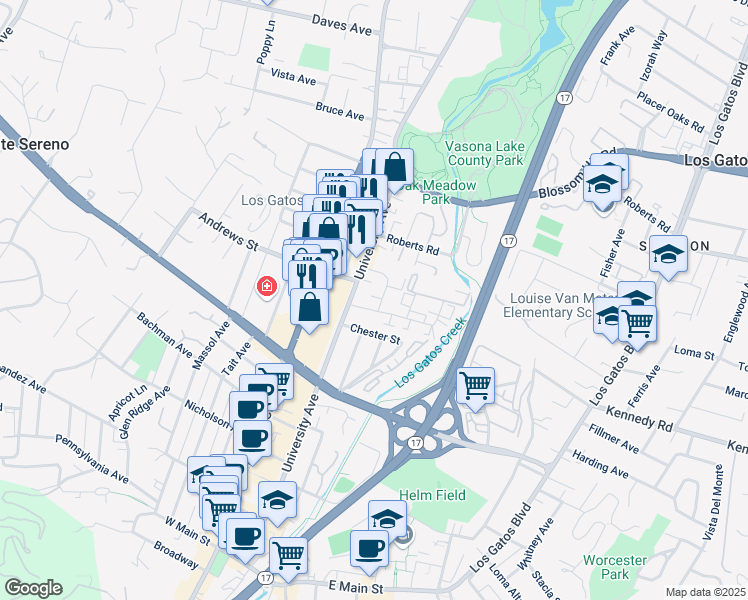 map of restaurants, bars, coffee shops, grocery stores, and more near 219 Avery Lane in Los Gatos