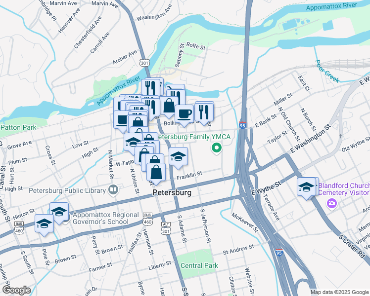map of restaurants, bars, coffee shops, grocery stores, and more near 205 3rd Street in Petersburg