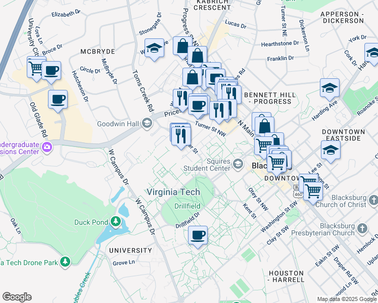 map of restaurants, bars, coffee shops, grocery stores, and more near in Blacksburg