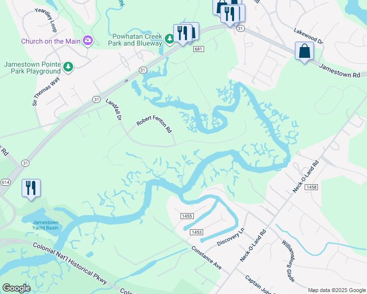 map of restaurants, bars, coffee shops, grocery stores, and more near 4372 Landfall Drive in Williamsburg
