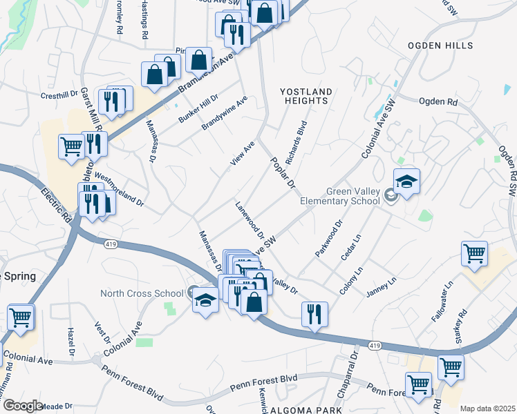 map of restaurants, bars, coffee shops, grocery stores, and more near 3657 Martinell Avenue in Cave Spring