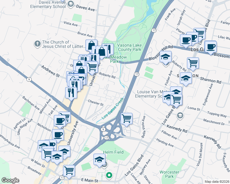 map of restaurants, bars, coffee shops, grocery stores, and more near Riviera Drive in Los Gatos
