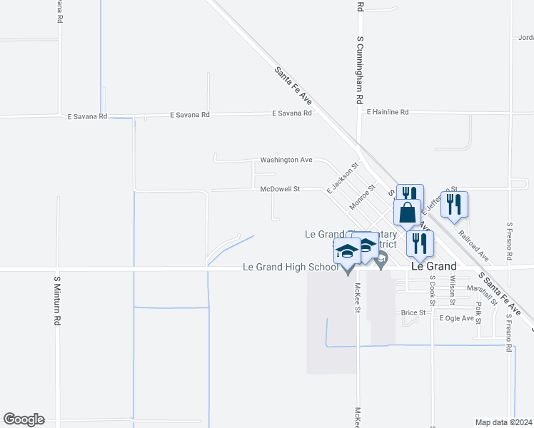 map of restaurants, bars, coffee shops, grocery stores, and more near 3833 Kennedy Street in Le Grand