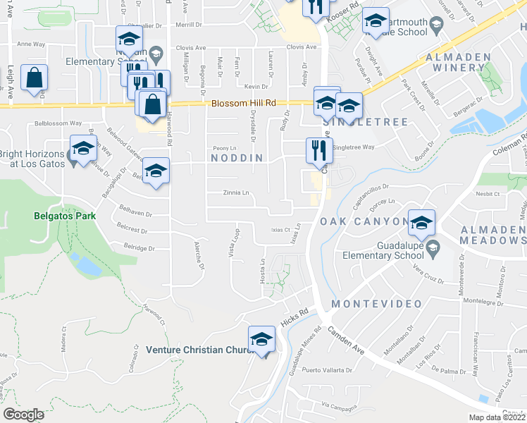 map of restaurants, bars, coffee shops, grocery stores, and more near 1662 Canna Lane in San Jose