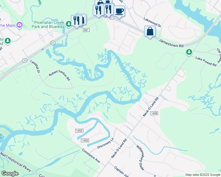 map of restaurants, bars, coffee shops, grocery stores, and more near 4396 Landfall Drive in Williamsburg