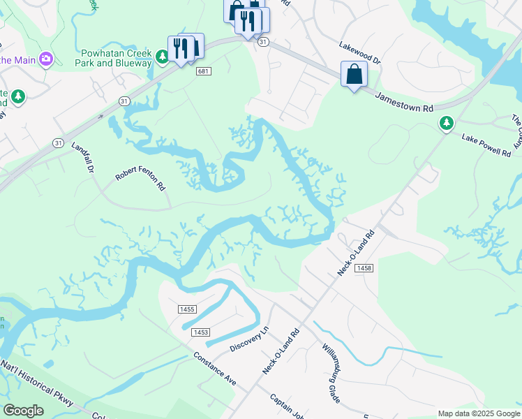map of restaurants, bars, coffee shops, grocery stores, and more near 4396 Landfall Drive in Williamsburg