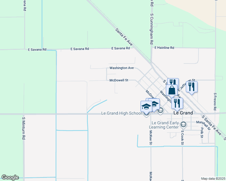 map of restaurants, bars, coffee shops, grocery stores, and more near 3833 Kennedy Street in Le Grand