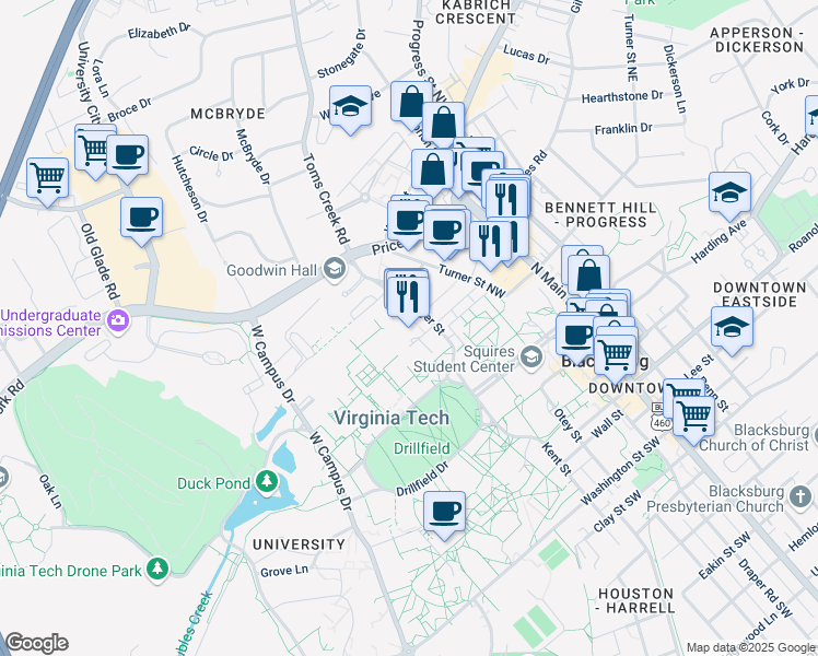 map of restaurants, bars, coffee shops, grocery stores, and more near 430 Old Turner Street in Blacksburg