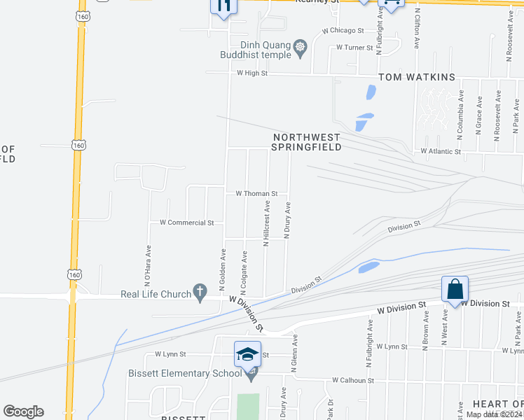 map of restaurants, bars, coffee shops, grocery stores, and more near 1821 North Hillcrest Avenue in Springfield