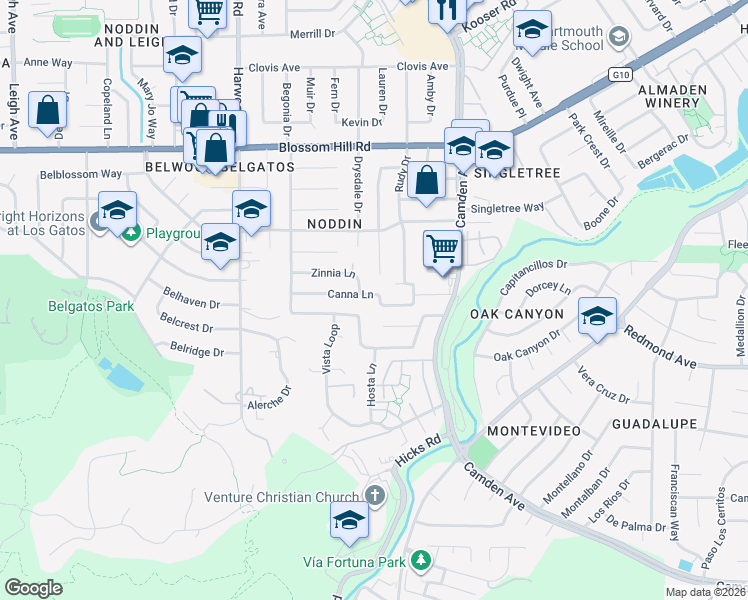 map of restaurants, bars, coffee shops, grocery stores, and more near 1662 Canna Lane in San Jose
