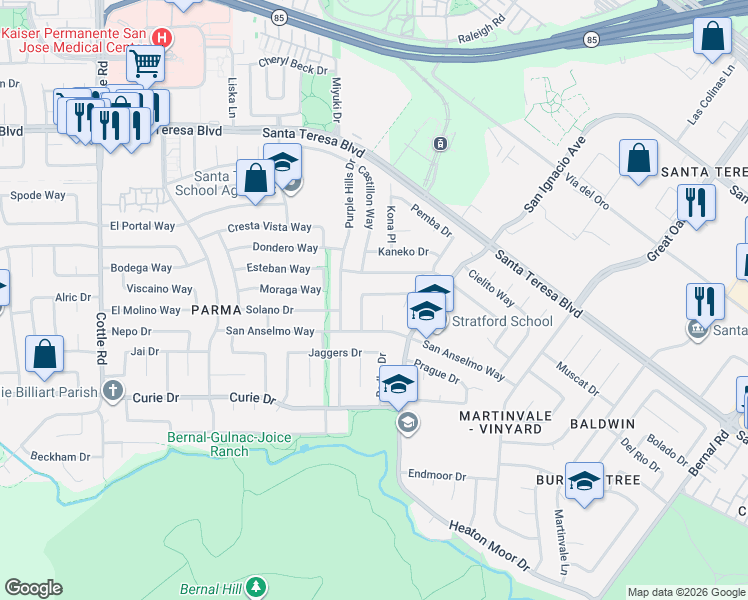 map of restaurants, bars, coffee shops, grocery stores, and more near 231 Purple Glen Drive in San Jose