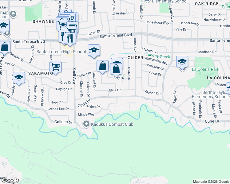 map of restaurants, bars, coffee shops, grocery stores, and more near 565 Elvis Drive in San Jose