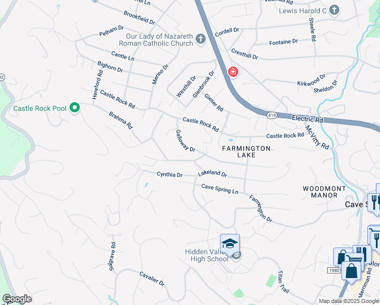 map of restaurants, bars, coffee shops, grocery stores, and more near 3165 Galloway Drive in Cave Spring