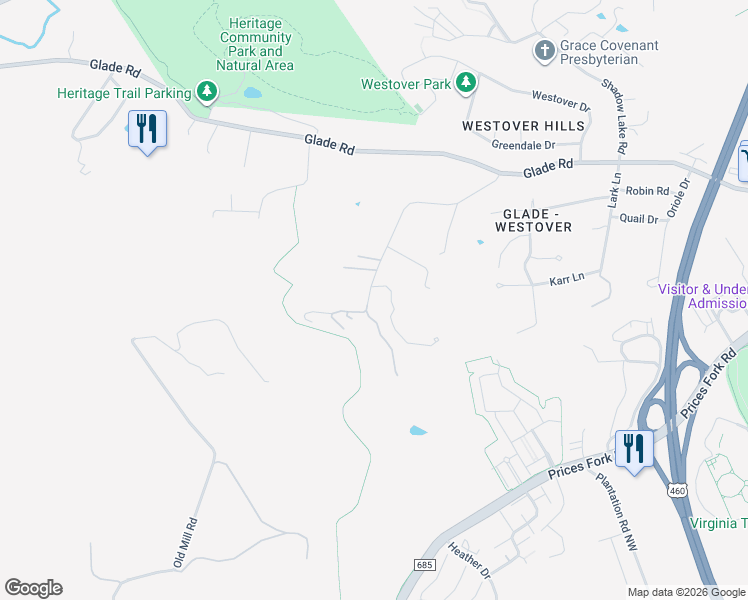 map of restaurants, bars, coffee shops, grocery stores, and more near Boxwood Drive in Blacksburg