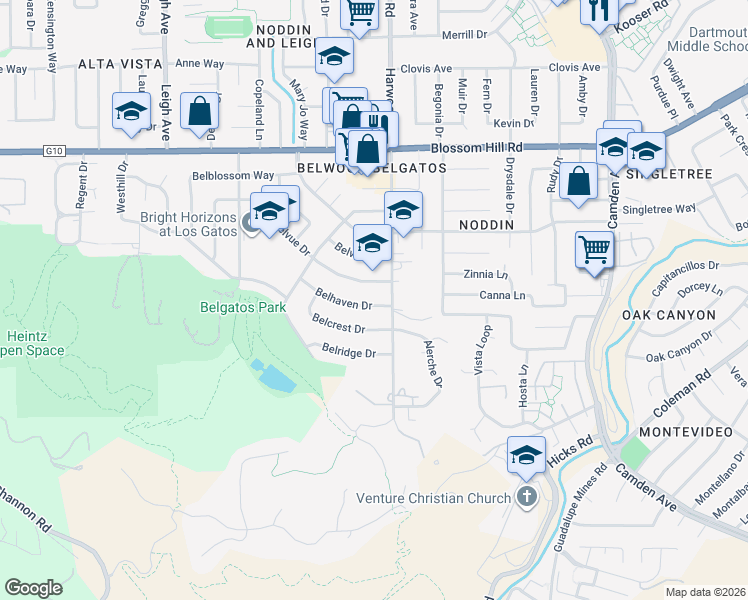 map of restaurants, bars, coffee shops, grocery stores, and more near 109 Belhaven Drive in Los Gatos