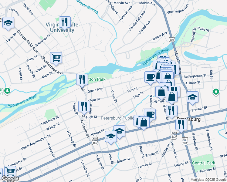 map of restaurants, bars, coffee shops, grocery stores, and more near 431 Cross Street in Petersburg